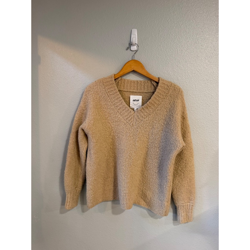 Aerie V-Neck Sweater Women Sm Tan Oatmeal Boucle Knit‎ Long Sleeve Cozy Relaxed